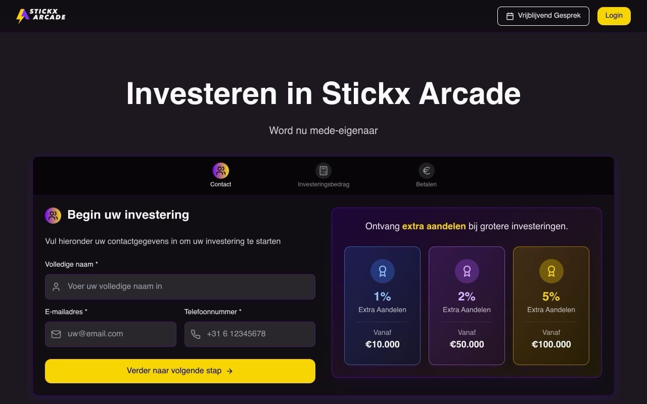 StickX Arcade · Investeren - live website
